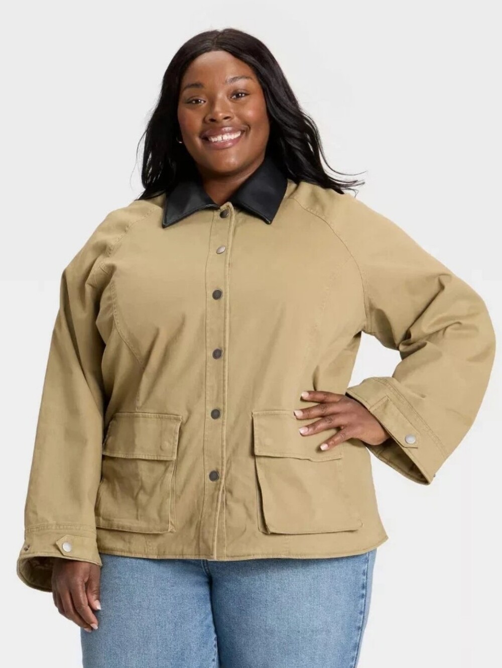 Ava & Viv Khaki Utility Jacket with Black Faux Leather Collar Size XXL